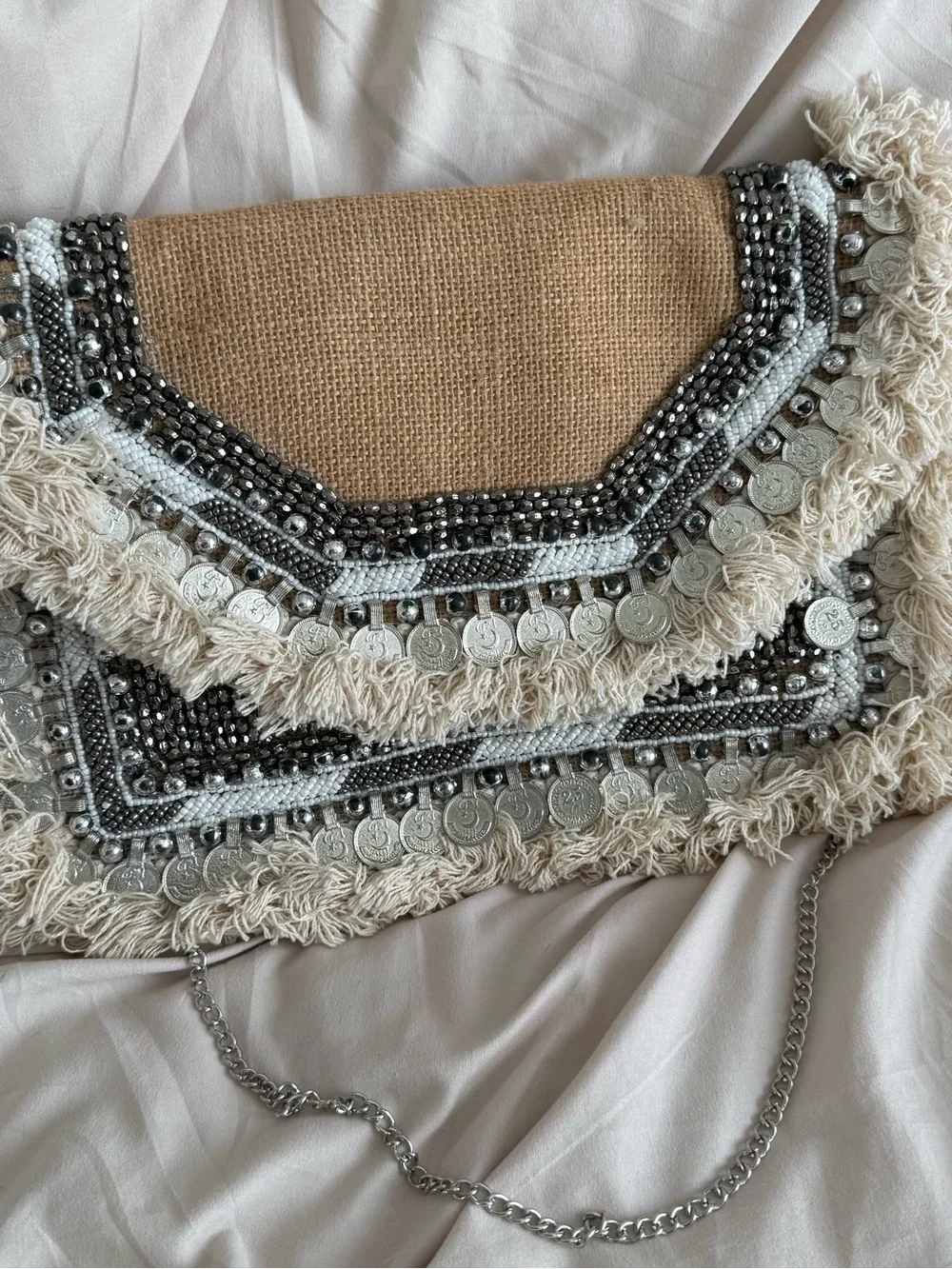 Lulu's Beige Beaded Fringe Clutch
